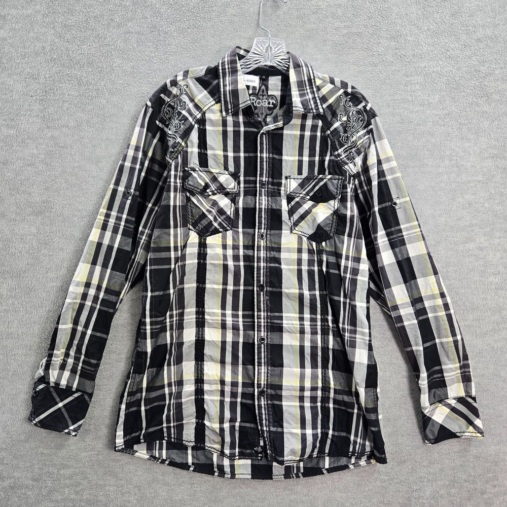 VINTAGE Roar Men Button Up Shirt M Black Grunge Goth Embroidered Strength Refine